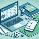 Oversiktlig, moderne illustrasjon av sportsbetting: en laptop med odds-skjerm, mobil med livebetting, og en notatblokk for strategi, i rolig blå og grønn fargetone
