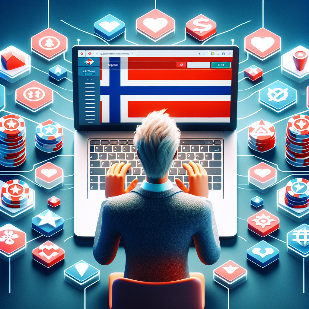 Oversiktsbilde av en moderne person som sammenligner nettcasinoer på en laptop, ikoner for bonuser, sikkerhet og spillutvalg, stilisert og profesjonell, norske farger