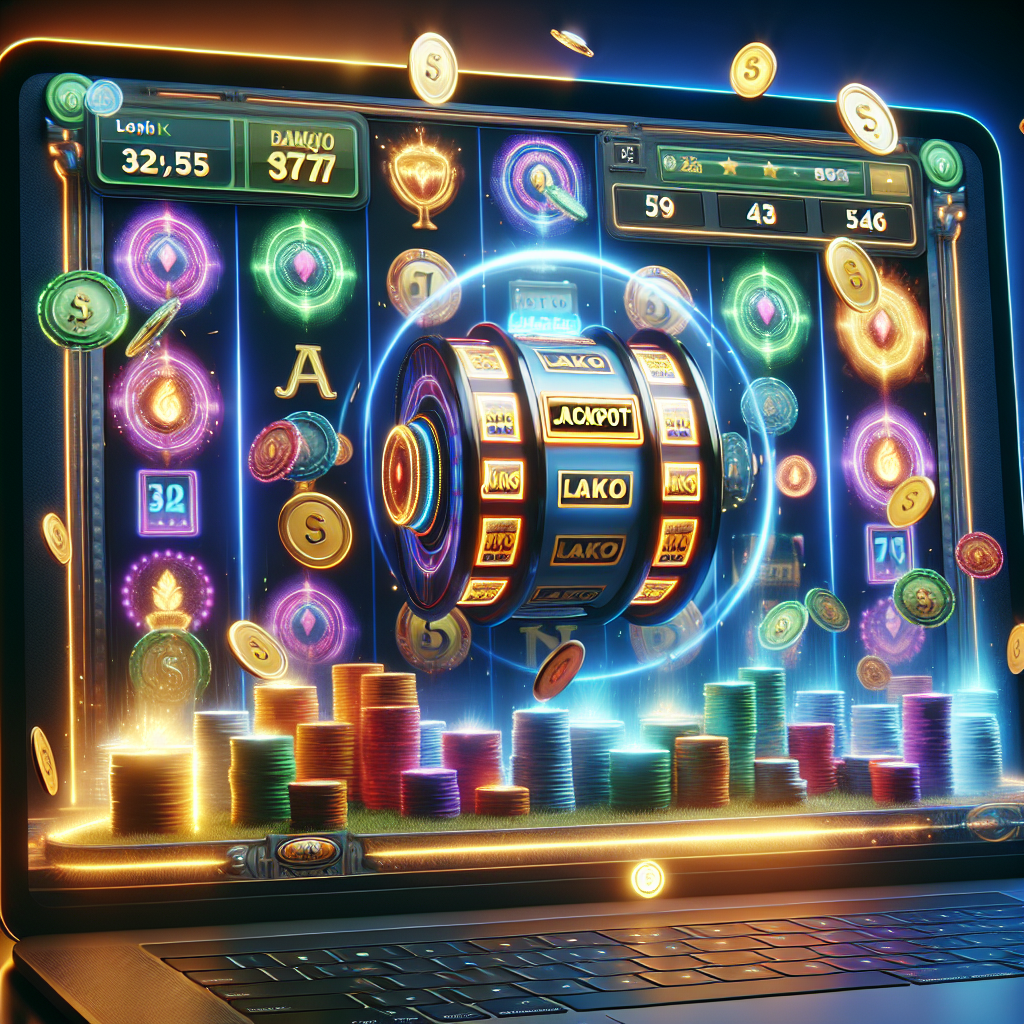 Nærbilde av en moderne nettcasino-skjerm som viser en stor jackpot-teller, fargerik lysdesign, symboler som spilleautomater og mynter, profesjonell stil