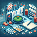 Illustrasjon av en analytisk oddsstrategi: laptop med oddsoversikt, kalkulator, notatblokk og en trygg nettcasino-logo i bakgrunnen, moderne stil