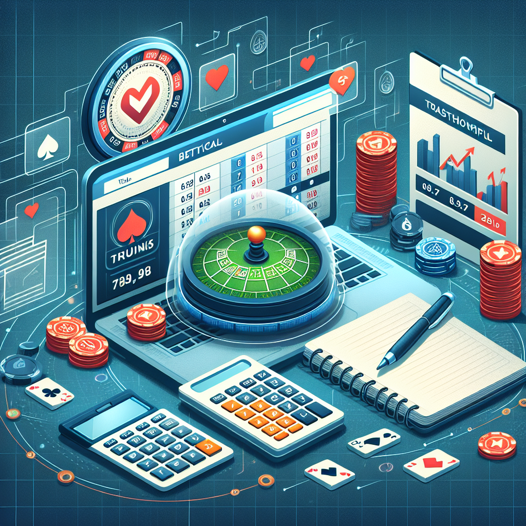 Illustrasjon av en analytisk oddsstrategi: laptop med oddsoversikt, kalkulator, notatblokk og en trygg nettcasino-logo i bakgrunnen, moderne stil