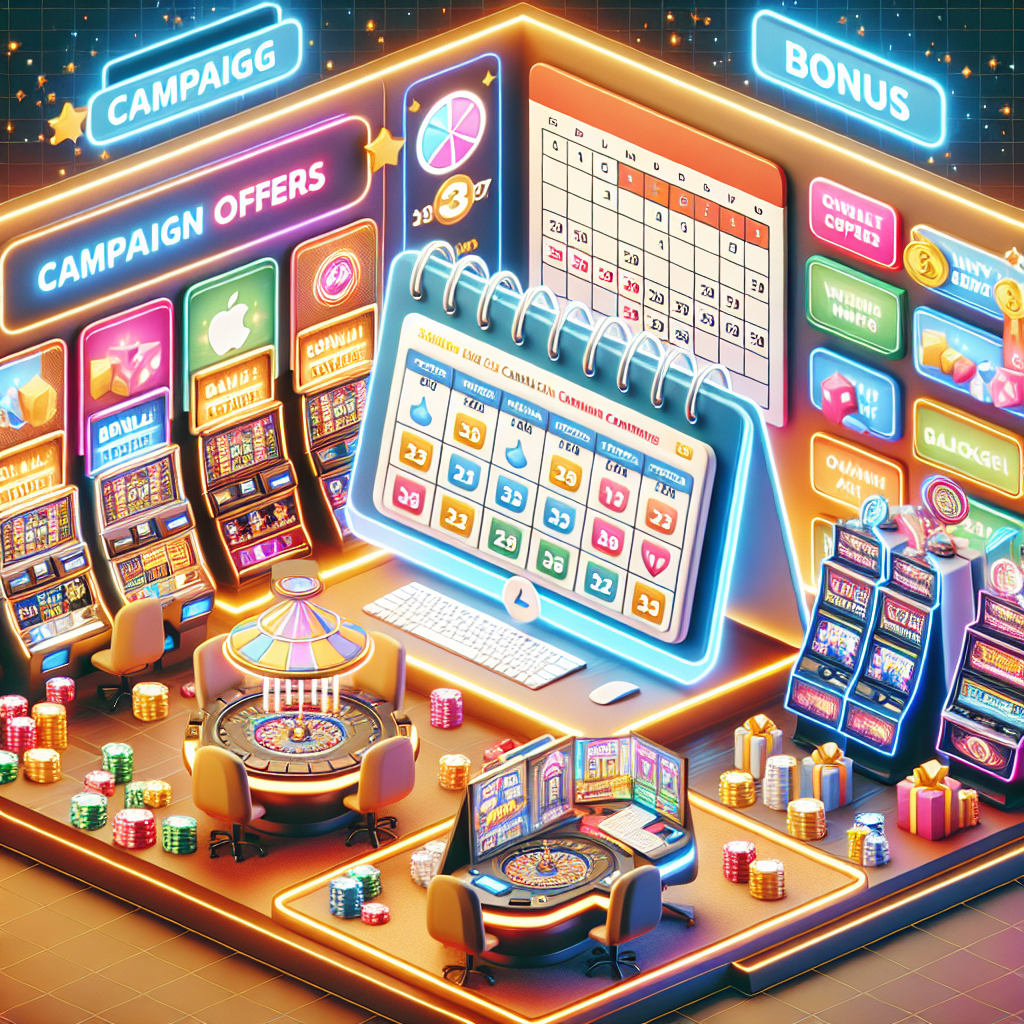 Farget bilde av en moderne nettcasino-scene med kampanjetilbud, bonusikoner, spilleautomater og en tydelig kalender som symboliserer ukentlige kampanjer, i et rent, lyst design