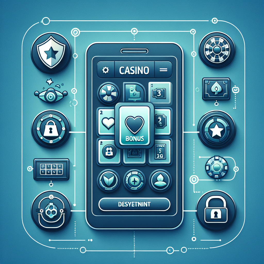 Moderne nettcasino-konsept, responsiv mobilskjerm med spillikon, bonuser og lås-ikon for sikkerhet, stilren blå-grønn fargepalett