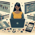 Illustrasjon av en klok oddsspiller foran en laptop med oddsdiagrammer, mobil med live-odds og nøytrale farger, stilisert moderne design