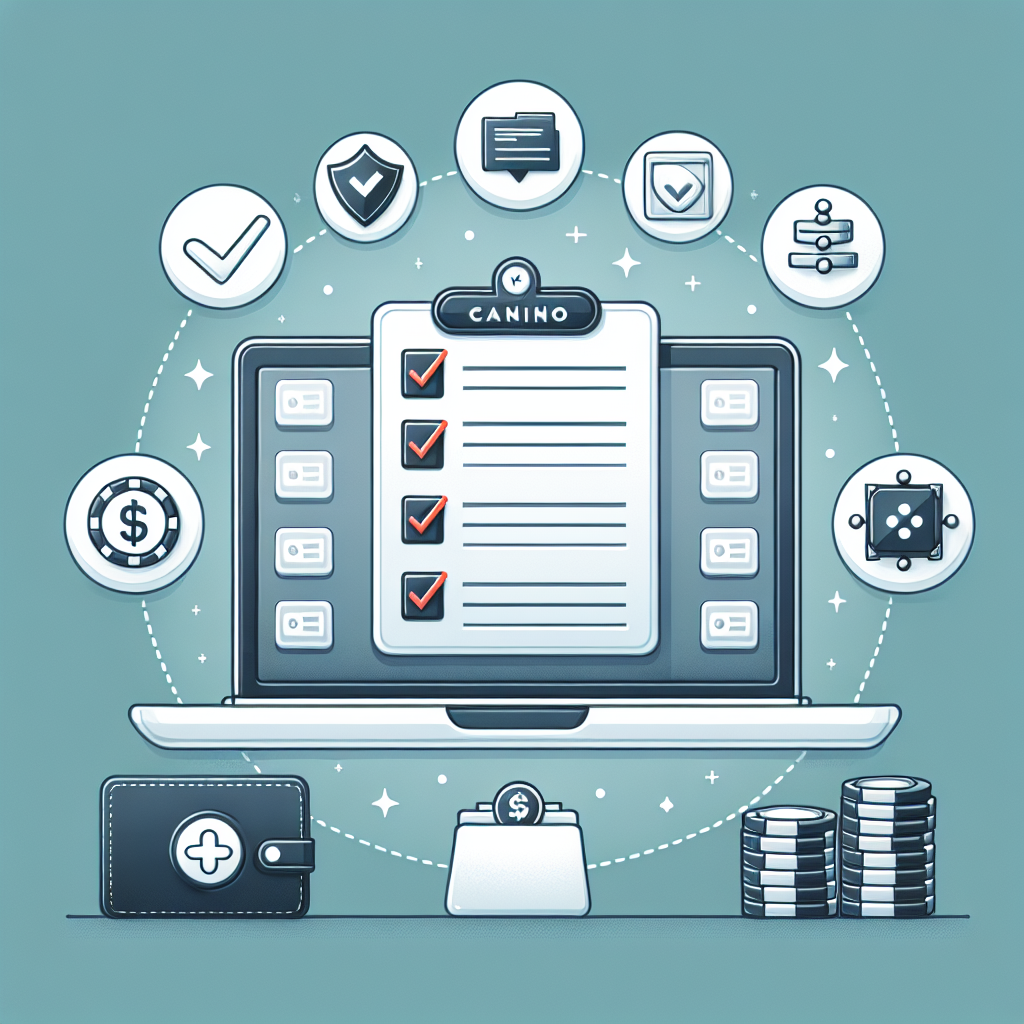 Moderne illustrasjon av trygg nettcasinovalgsjekkliste: laptop, sjekkliste, betalingsikoner og bonuser i en ren, nordisk stil