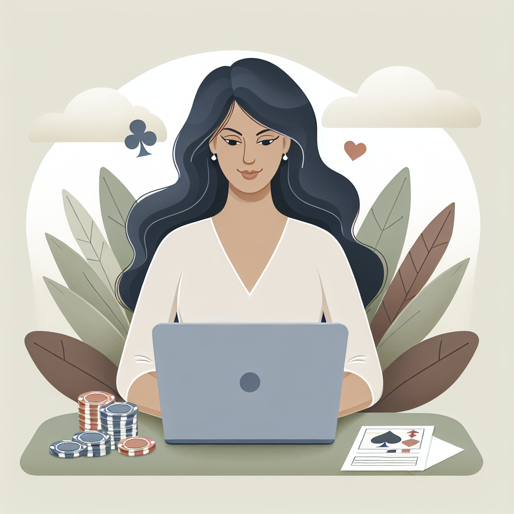 Moderne, ren illustrasjon av en casinospiller som planlegger strategi ved laptop, notater og rolig bakgrunn, nøytrale farger, informativ stil