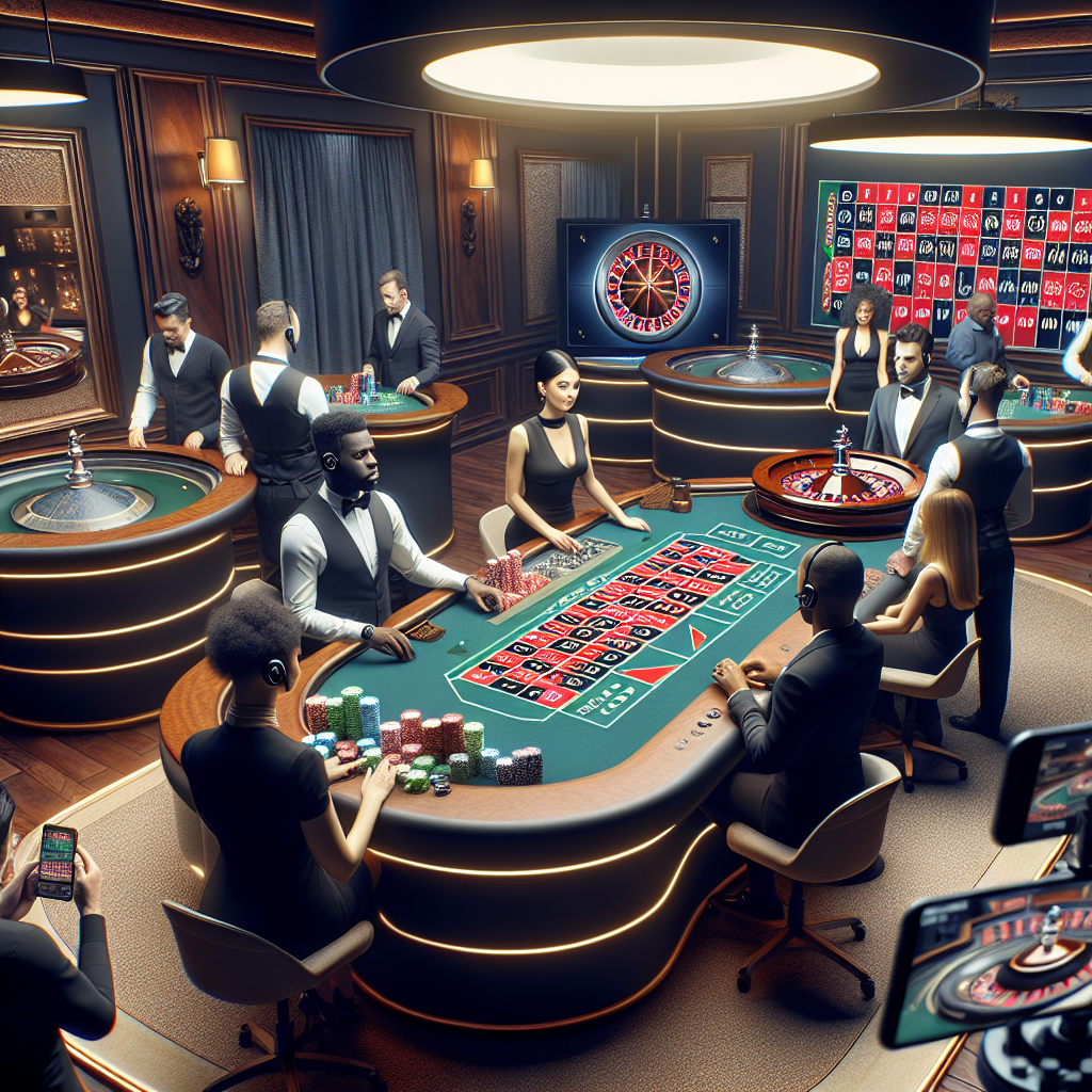 Oversiktsbilde av et moderne live roulette-studio: elegant dealertabell, roterende roulettehjul, kamerastream og dempet belysning, mobil- og PC-visning i forgrunnen