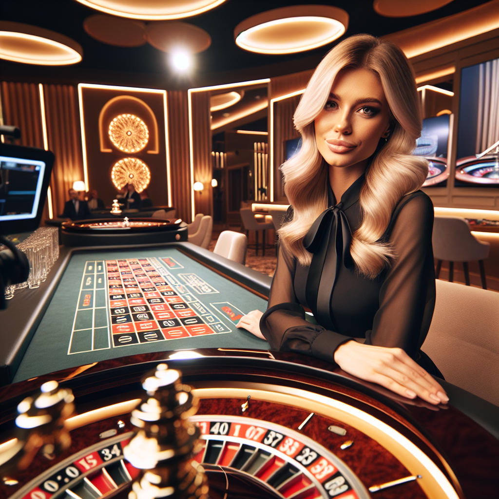 Nærbilde av et elegant live casino-studio med dealer ved roulettebord, varm belysning, kamera og publikumsspeil i bakgrunnen, moderne og profesjonell stil